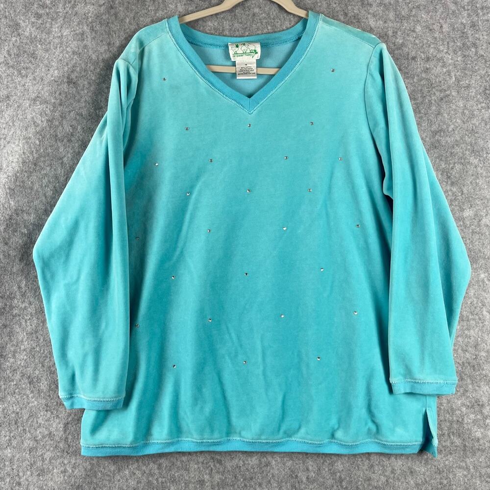 Vintage The Quacker Factory Velvet Top Womens 1X Blue Rhinestone Embellished